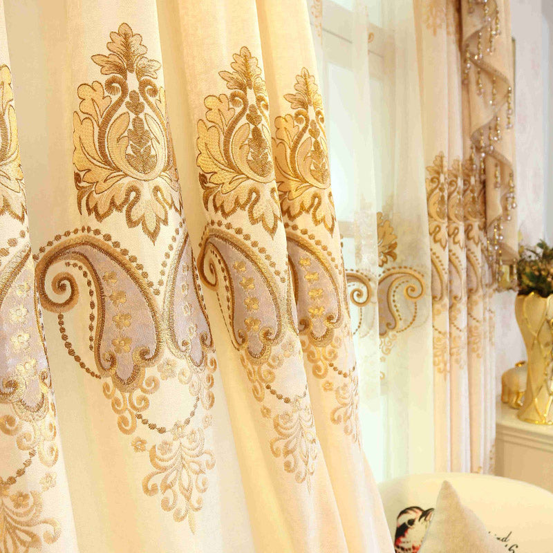 Beige Embroidery Blackout Curtains Sun Light Blocking Window Curtains Floral Sheer 2 Panels Custom Grommet Curtains For Living Room Bedroom