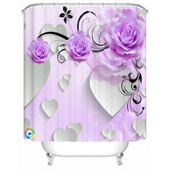 Purple Peony and Heart Shape Pattern Polyester Waterproof and Eco-friendly 3D Shower Curtain