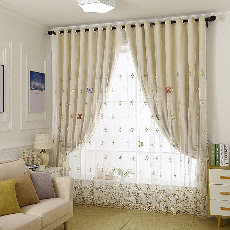 Embroidery Blackout and Decorative Cloth and Sheer Sewing Together Beige 2 Panels Curtain