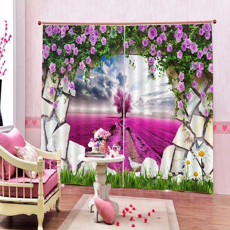 Pink Rose Flowers Curtains Sea of Lavender 3D Floral Themed Curtains Drapes 2 Panel Set for Living Room Bedroom Decoration Window