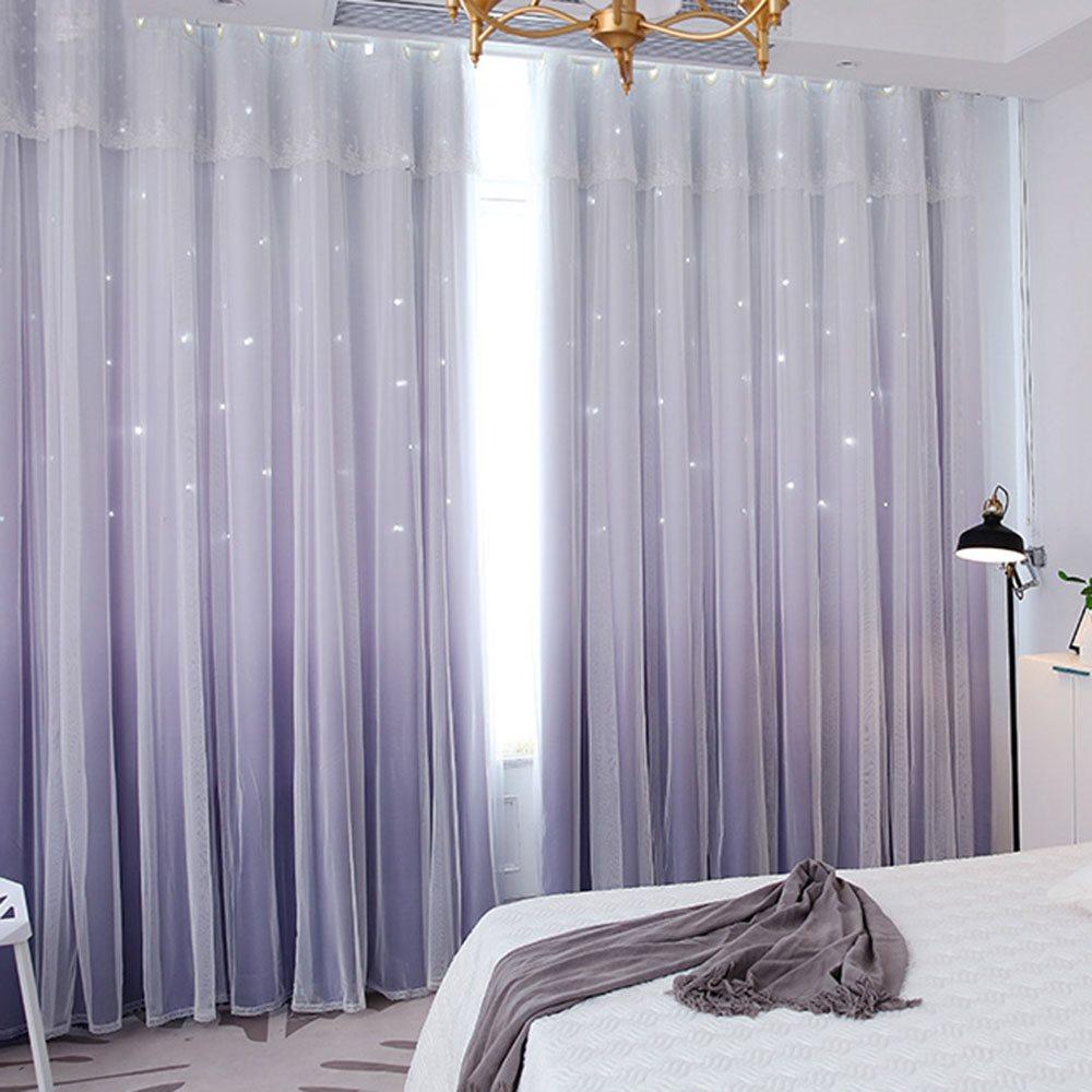 Romantic Princess Color Gradient Star Hollowed-out Custom Blackout Curtain Cloth and Sheer Sewing Together Curtain Set