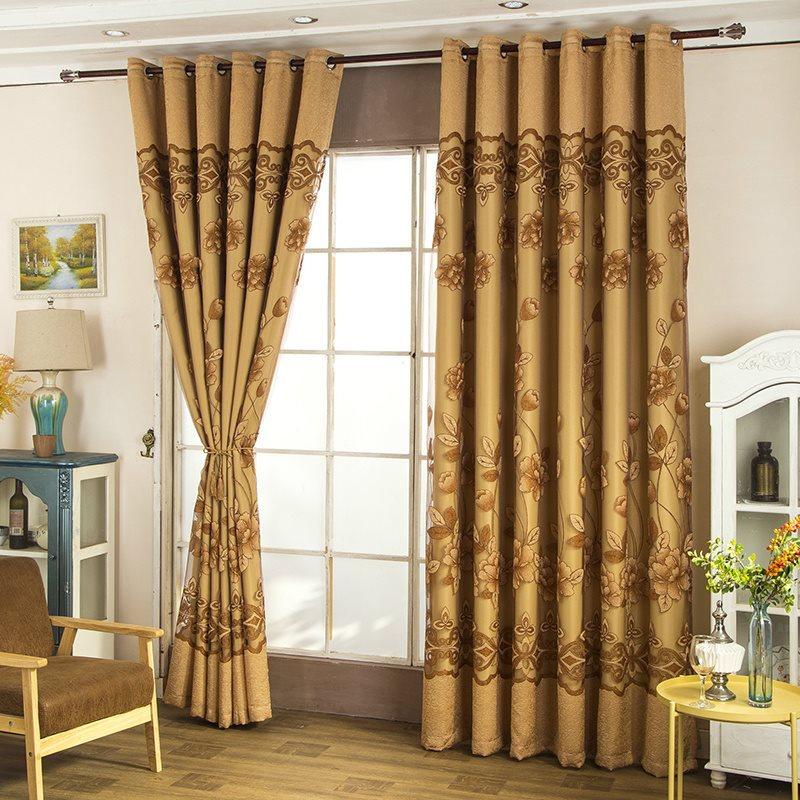 Brown Double Lily Embroidered Curtain Sets Sheer and Lining Blackout Curtains for Living Room Bedroom Decoration