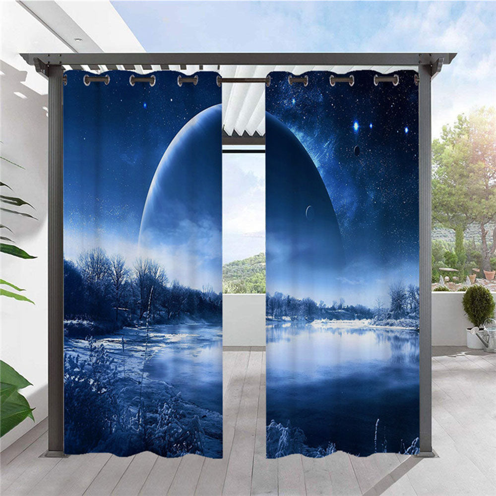 Modern Blue Galaxy and River Outdoor Curtains 3D Scenery Cabana Grommet Top Curtain Waterproof Sun-proof Heat-insulating 2 Panels