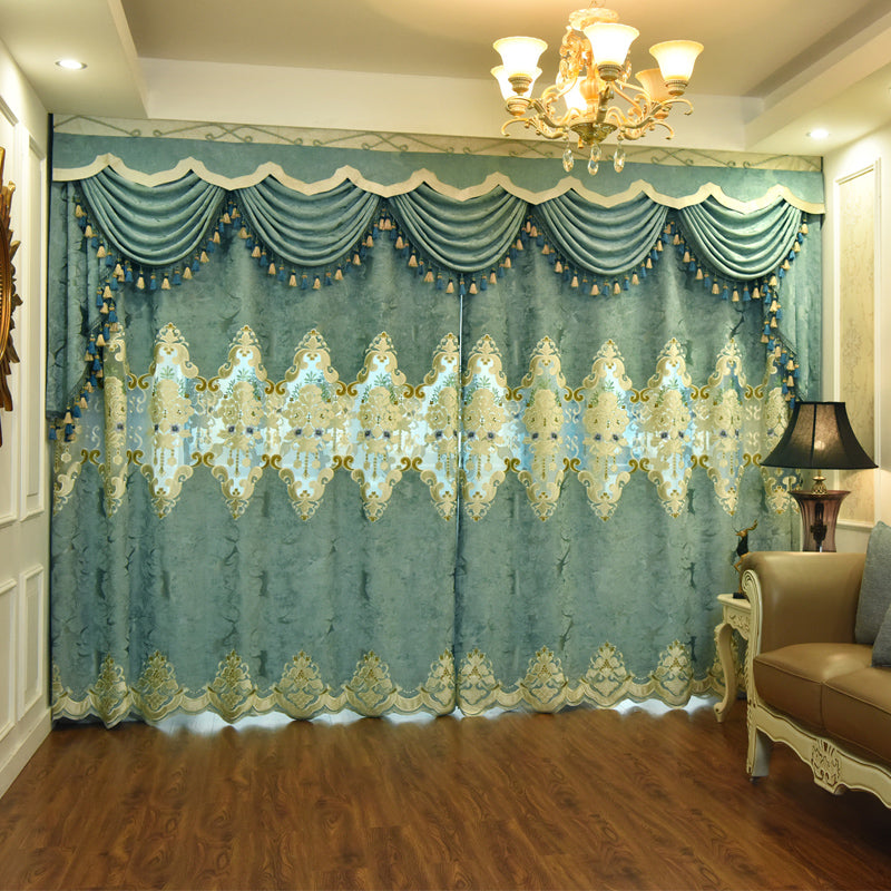 European Blue Blackout Curtains Thermal Insulated Sun Light Blocking for Bedroom Living Room Embroidery Window Curtains 2 Panels Drapes