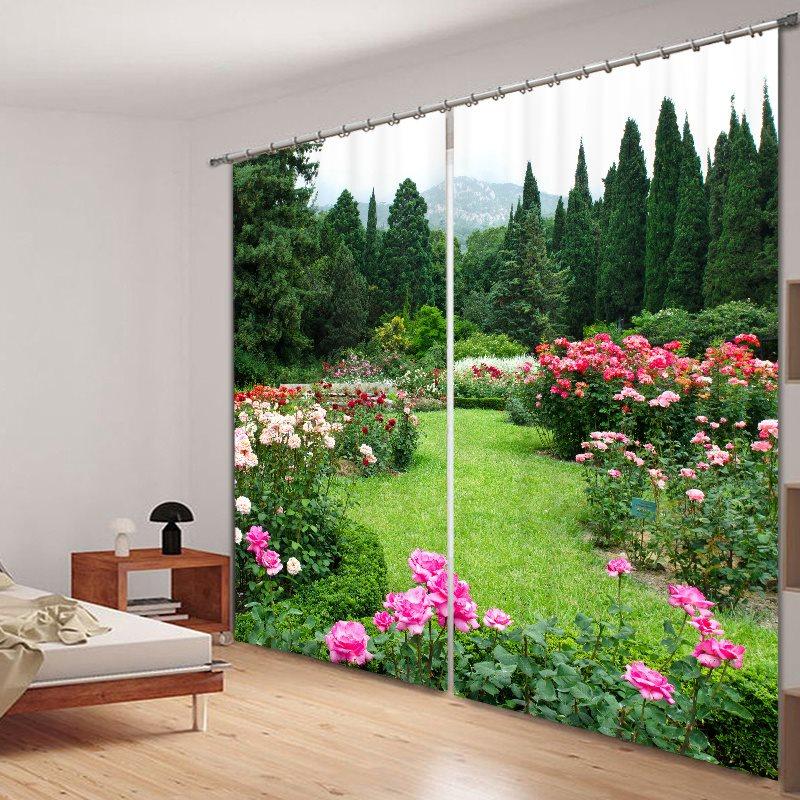 Vibrant Green Garden with Pink Printing Custom Living Room 3D Curtain