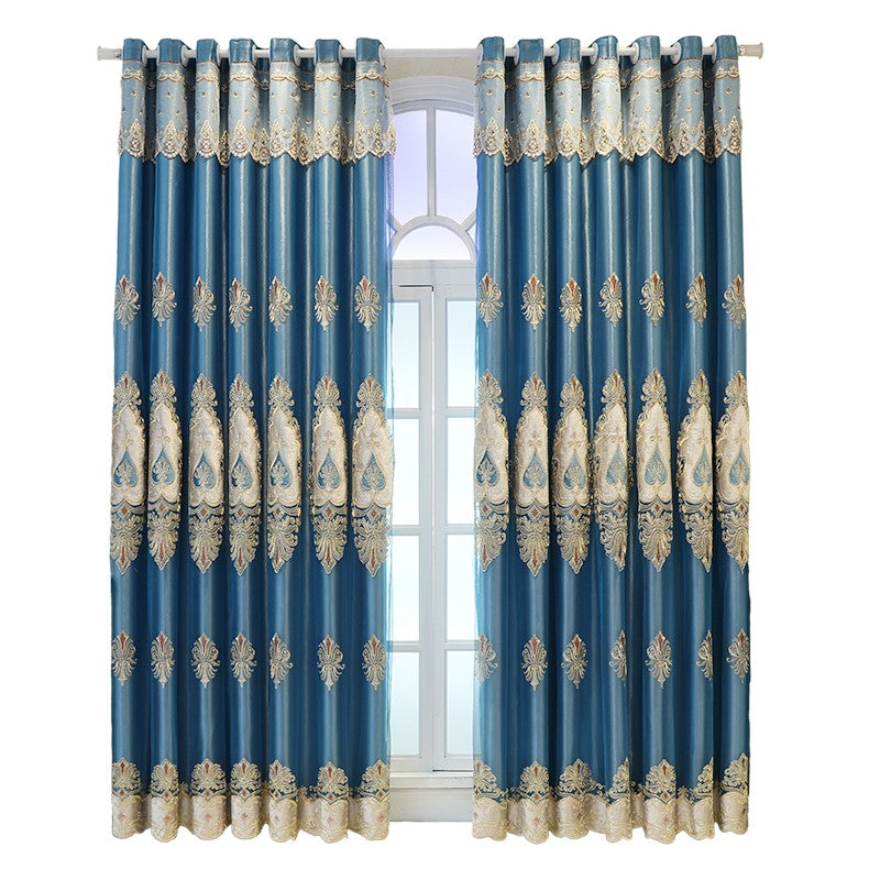 European Elegant Embroidery Blue Double Shading Curtains Luxurious Hollow Curtains for Living Room Bedroom Decoration Custom 2 Panels Drapes Polyester Blend