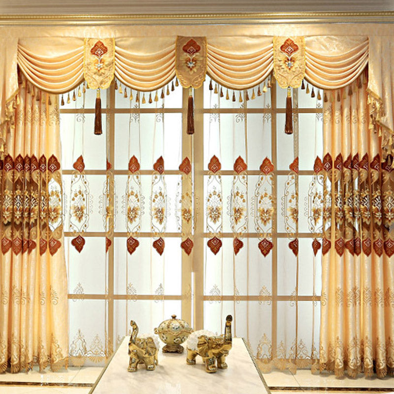 Luxury Gold Floral Embroidery Sheer Curtains for Living Room Custom 2 Panels Breathable Drapes No Pilling No Fading No off-lining