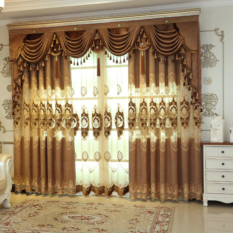 Golden Jacquard Luxury Hollowed Design Exquisite Chenille Valance Shading Curtain Sheer 2 Panels for Living Room Bedroom