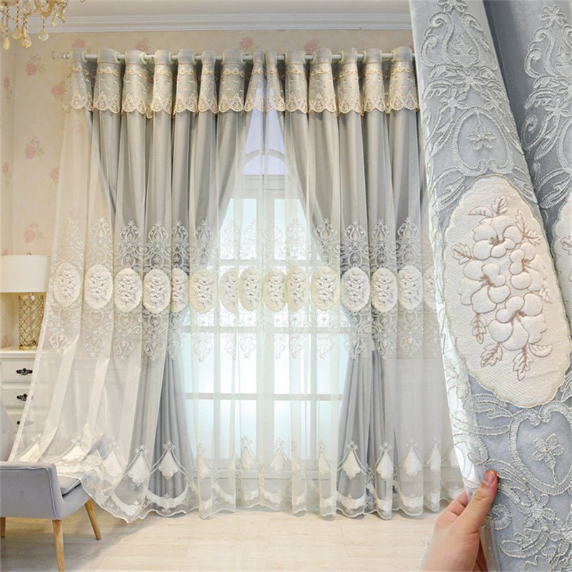 Floral Embroidery Window Curtain Set European Double Curtain Sheer and Lining Blackout Curtains for Living Room Bedroom 2 Panels Drapes Decoration