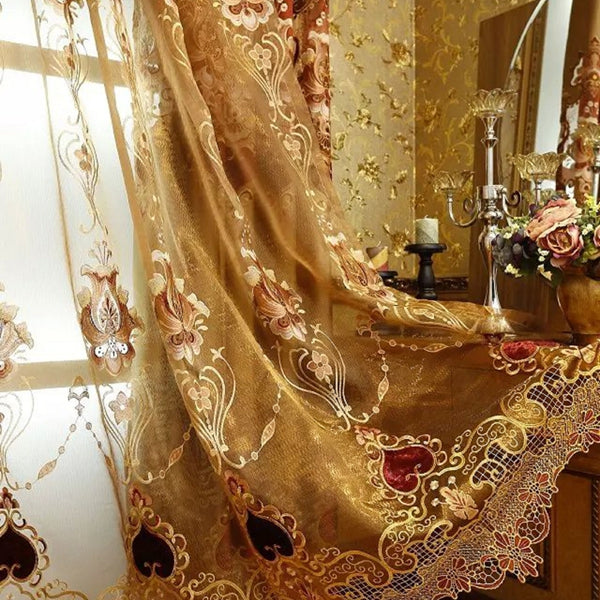 Noble Luxury Tulle Golden Embroidery Sheer Curtain Blackout for Living Room Bedroom Window Decor Custom 2 Panels Drapes Breathable Voile