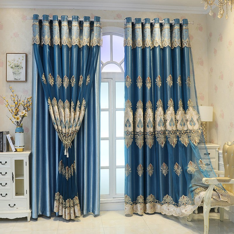 European Elegant Embroidery Blue Double Shading Curtains Luxurious Hollow Curtains for Living Room Bedroom Decoration Custom 2 Panels Drapes Polyester Blend