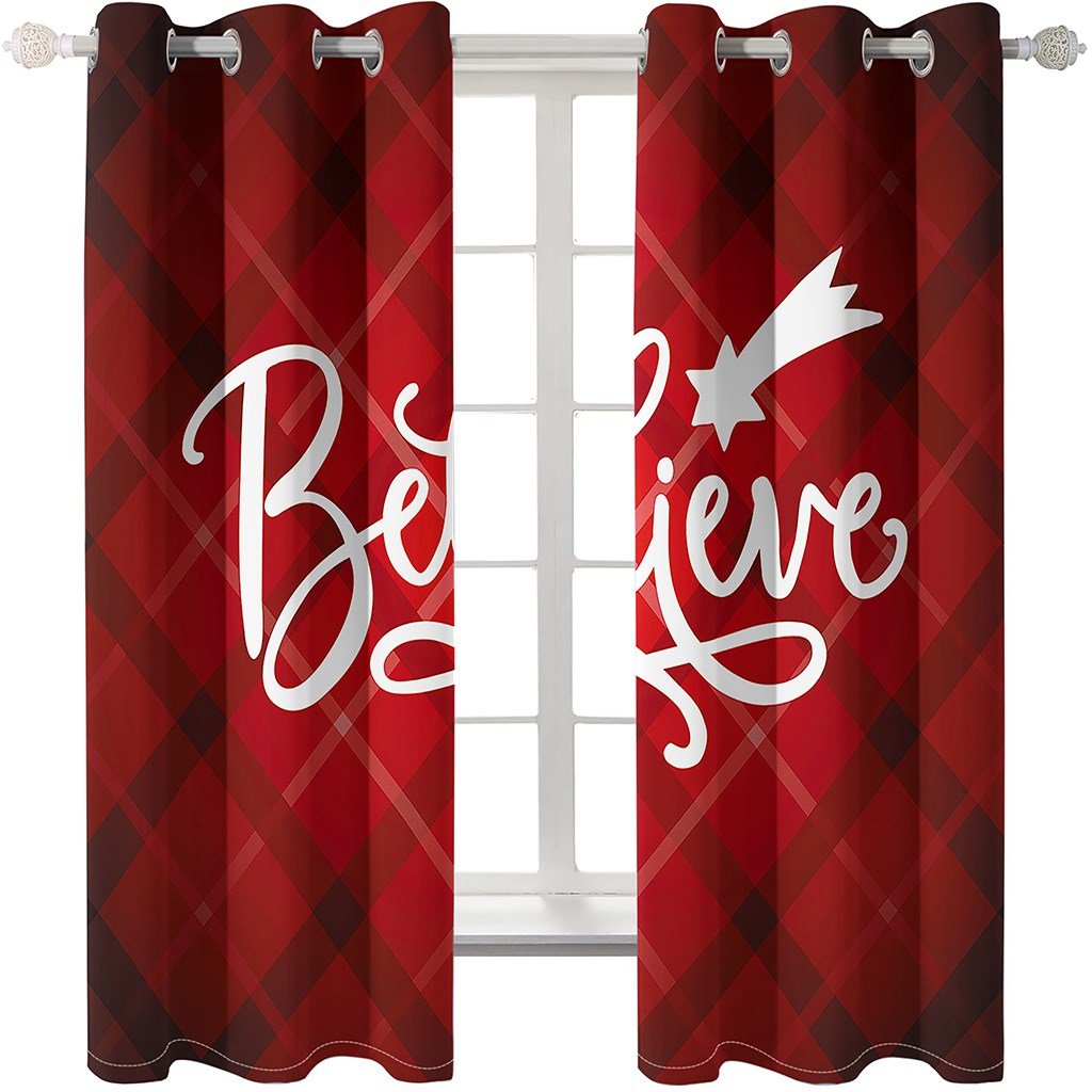 Red Plaid Christmas 3D Blackout Curtains Xmas Grid Print Living Room Bedroom Window Drapes 2 Panel Set