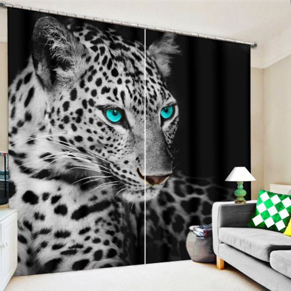 3D Wild Leopard with Bright Eyes Cheetah Printed Thick Polyester 2 Panels Custom Curtain