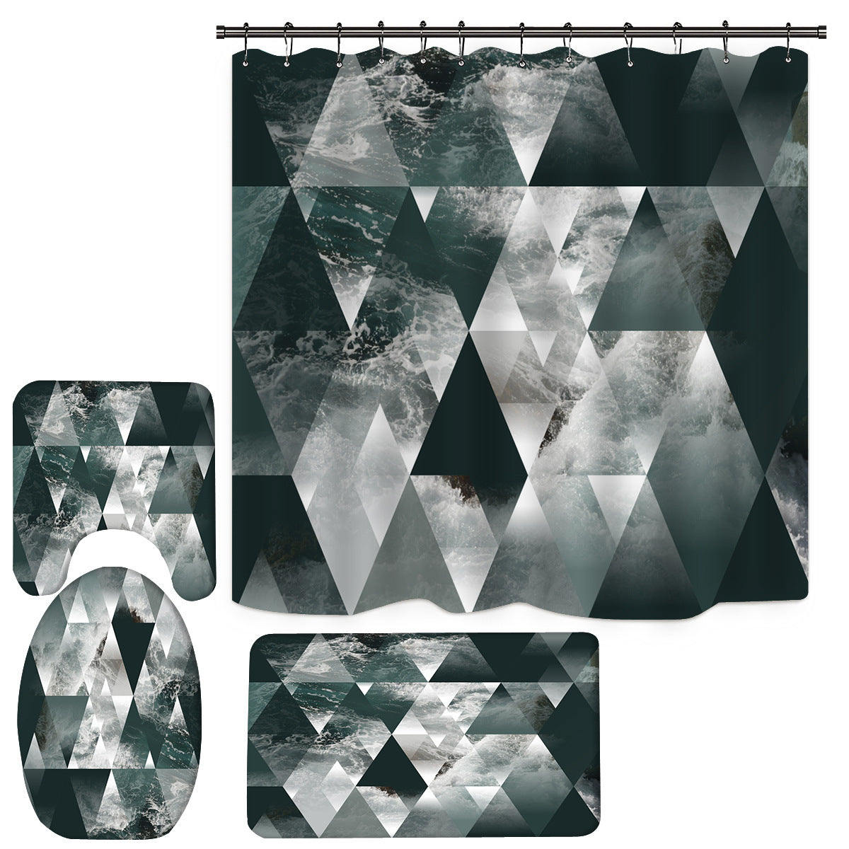 3D Shower Curtain Gray Black Triangle and Waves Pattern Bathroom Partition Curtain Set Durable Waterproof Mildew Proof Polyester