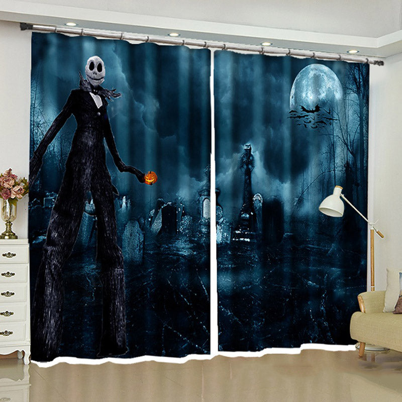 Halloween Decoration Cold Foggy Night Dramatic Full Moon and Ghost Printed Curtain