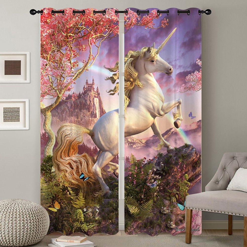 Creative Red 3D Printed Blackout Curtains Unicorn Custom 2 Panels Drapes for Living Room Bedroom Decoration No Pilling No Fading No off-lining Heat insulation Sun Protection Waterproof Polyester