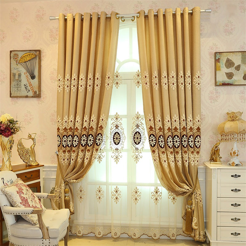 Classical Embroidered Damask Pattern Custom Grommet Top Sheer Curtain