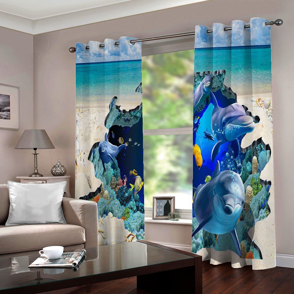 3D Animal Curtains Whales Wonderful Blue Under Sea World and Beach 3D Decorative and Blackout Living Room Curtains