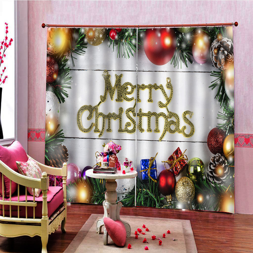 Christmas 3D Digital Print Curtain with Pine Leaves Ball Classic Design Print