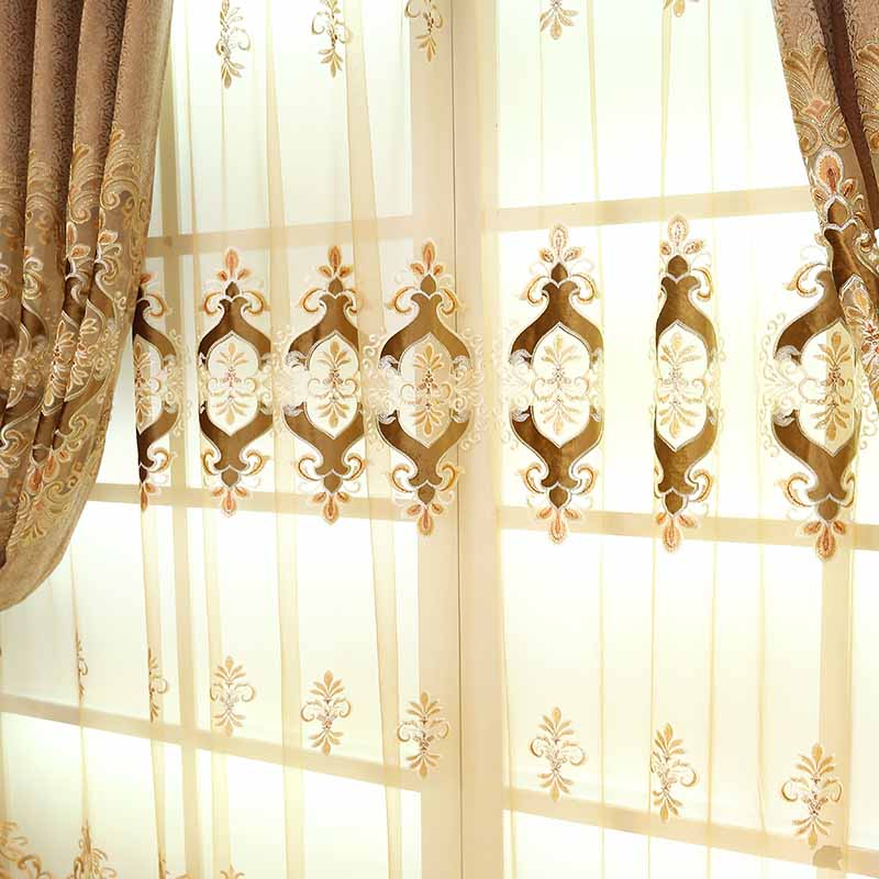 Elegant Embroidery Sheer Curtain Coffee Tulle for Living Room Bedroom Window Decoration Custom 2 Panels Drapes Breathable Voile