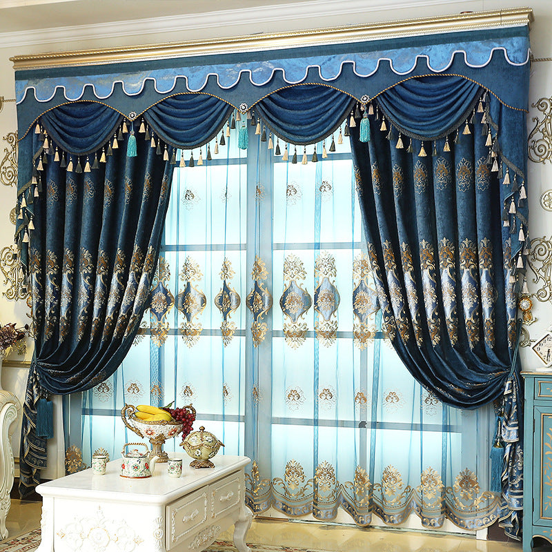 Luxury Embroidery Drapes European Style Old Navy Blue Custom Blackout 2 Panels Shading Curtains Sheer Valance for Living Room Bedroom