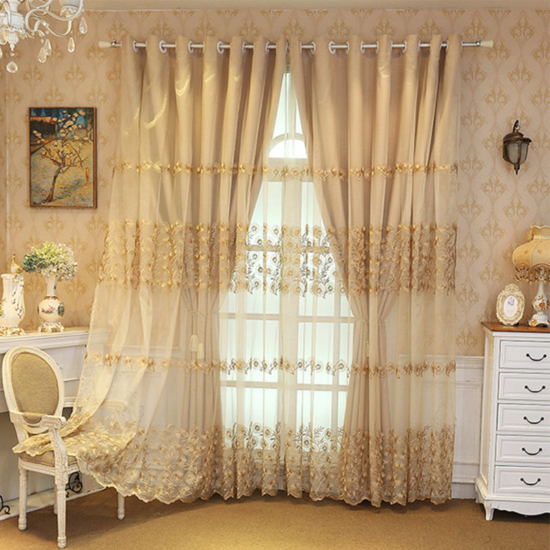 European Linen Window Curtains Double Embroidery Curtain Sets Sheer and Lining Blackout Curtains for Living Room Bedroom Decoration