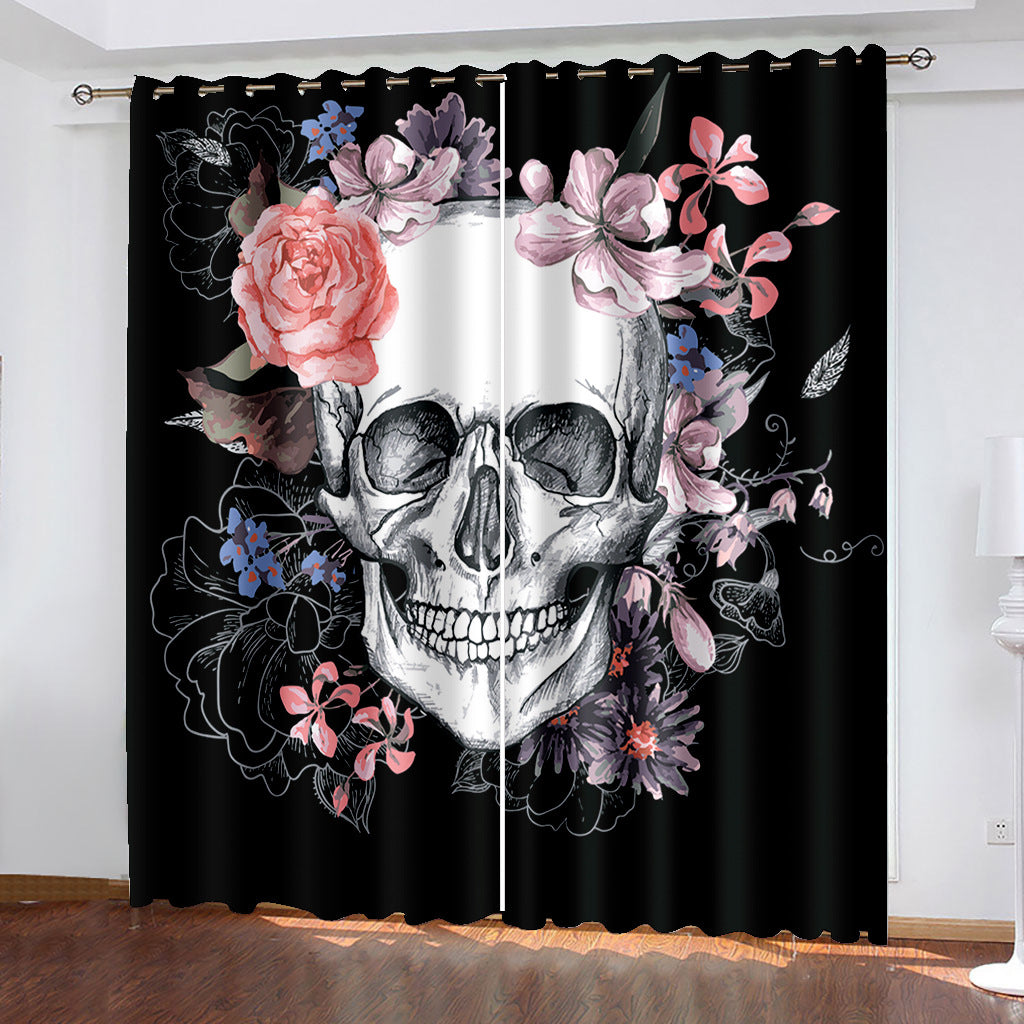 Black Halloween 3D Skull with Flowers Printed Blackout Decoration Window Shading Curtains Custom 2 Panels Drapes