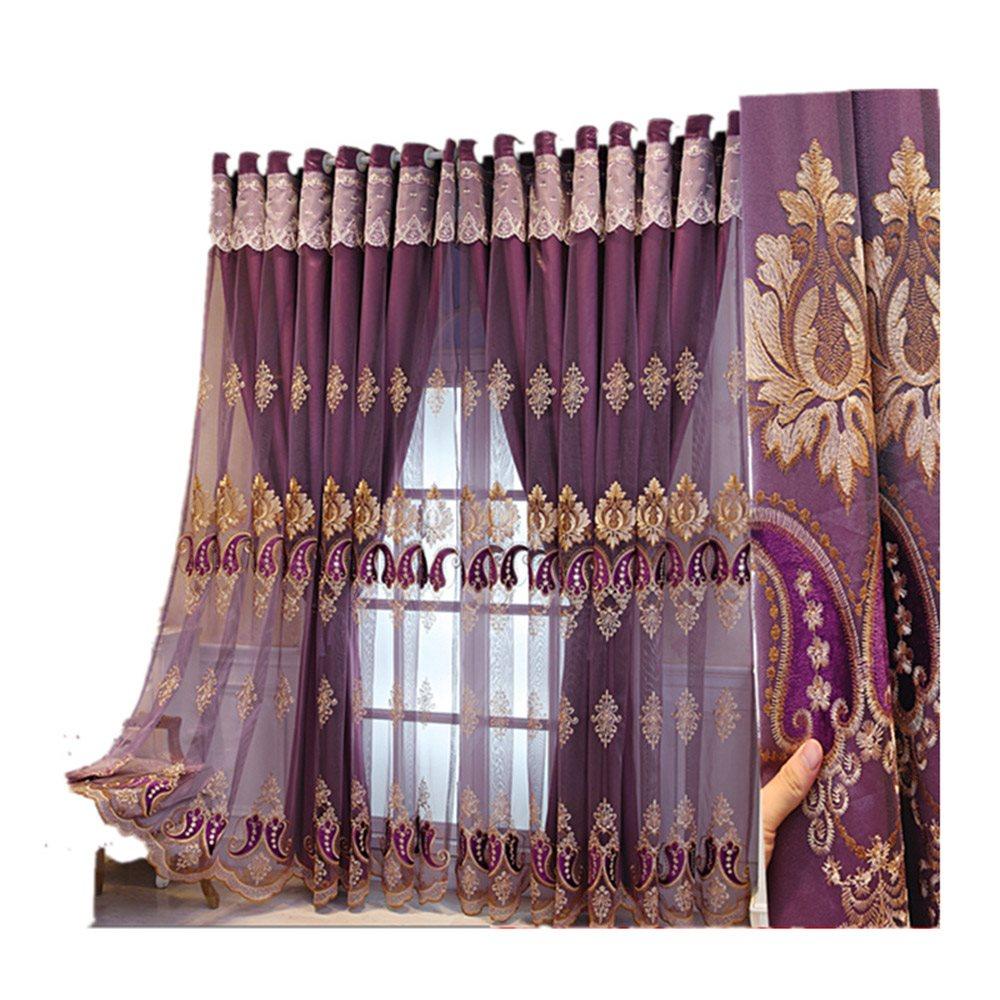 Purple European Double Embroidered Curtain Sets Sheer and Lining Blackout Curtains for Living Room Bedroom Decoration No Pilling No Fading No off-lining