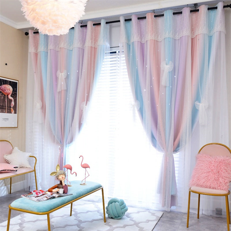 Sweet Stars Blackout Curtains for Bedroom Girls Kids Baby Window Curtain Double Layer Star Cut Out Aesthetic Living Room Decor Wall Home Decorations Curtain 1 Panels