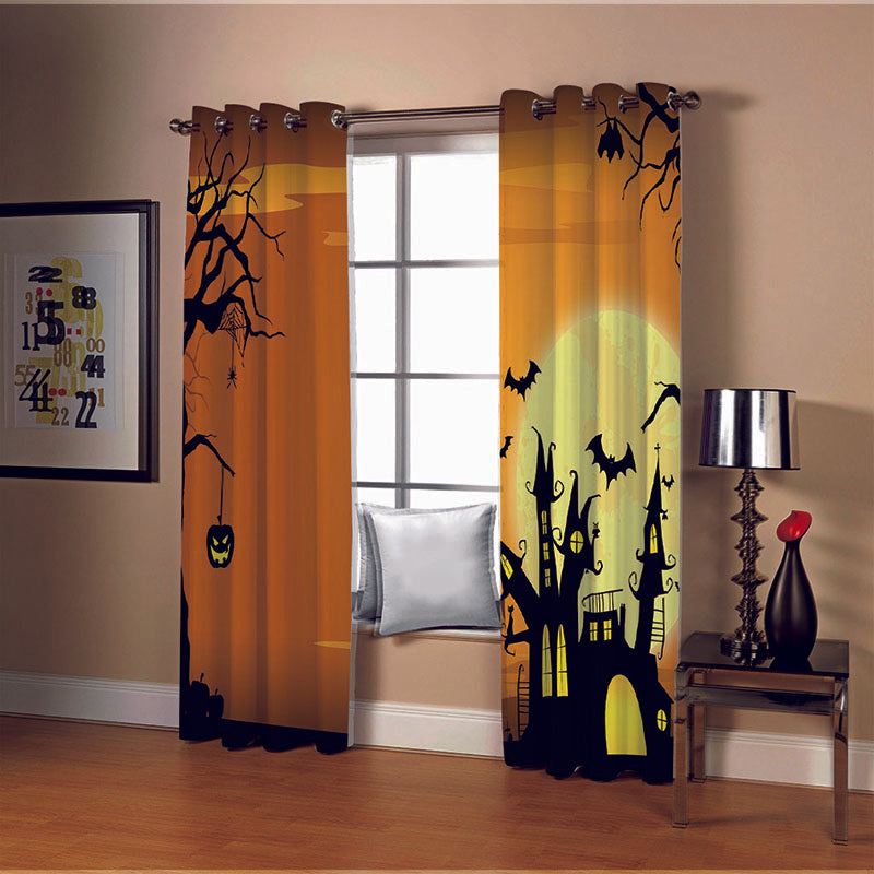 Yellow 3D Happy Halloween Printed Blackout Decoration Window Curtains for Living Room and Bedroom Custom 2 Panels Drapes No Pilling No Fading No off-lining