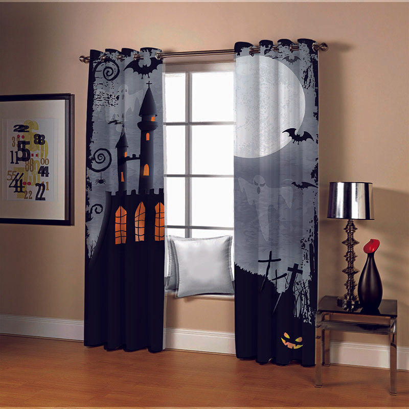 Halloween Castle 3D Printed Blackout Decoration Window Curtains Custom 2 Panels Drapes No Pilling No Fading No off-lining