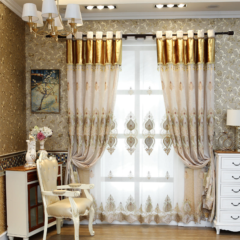 Chenille luxury Blackout Curtains Tulle Elegant Beige European Embroidery Window Curtains Sheer for Living Room Bedroom Set of 2 Panels