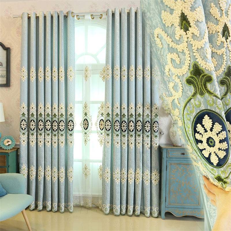 Light Blue High Quality Chenille 2 Pieces Decorative and Breathable Living Room Drapes