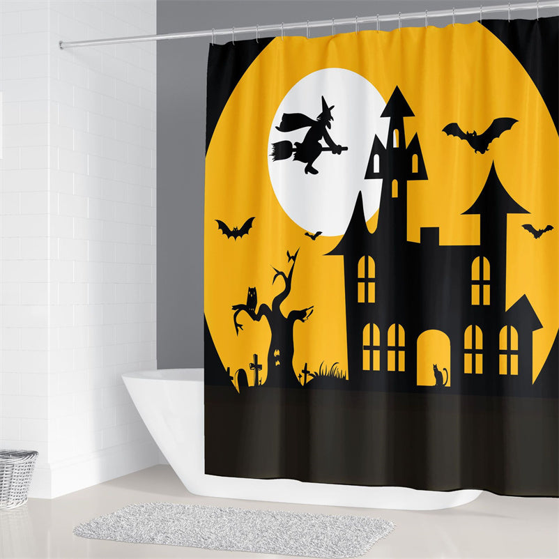 3D Shower Curtain Happy Halloween Witch Castle Moon Bat Bathroom Shower Curtains with Hooks for Halloween Decoration Waterproof Mouldproof