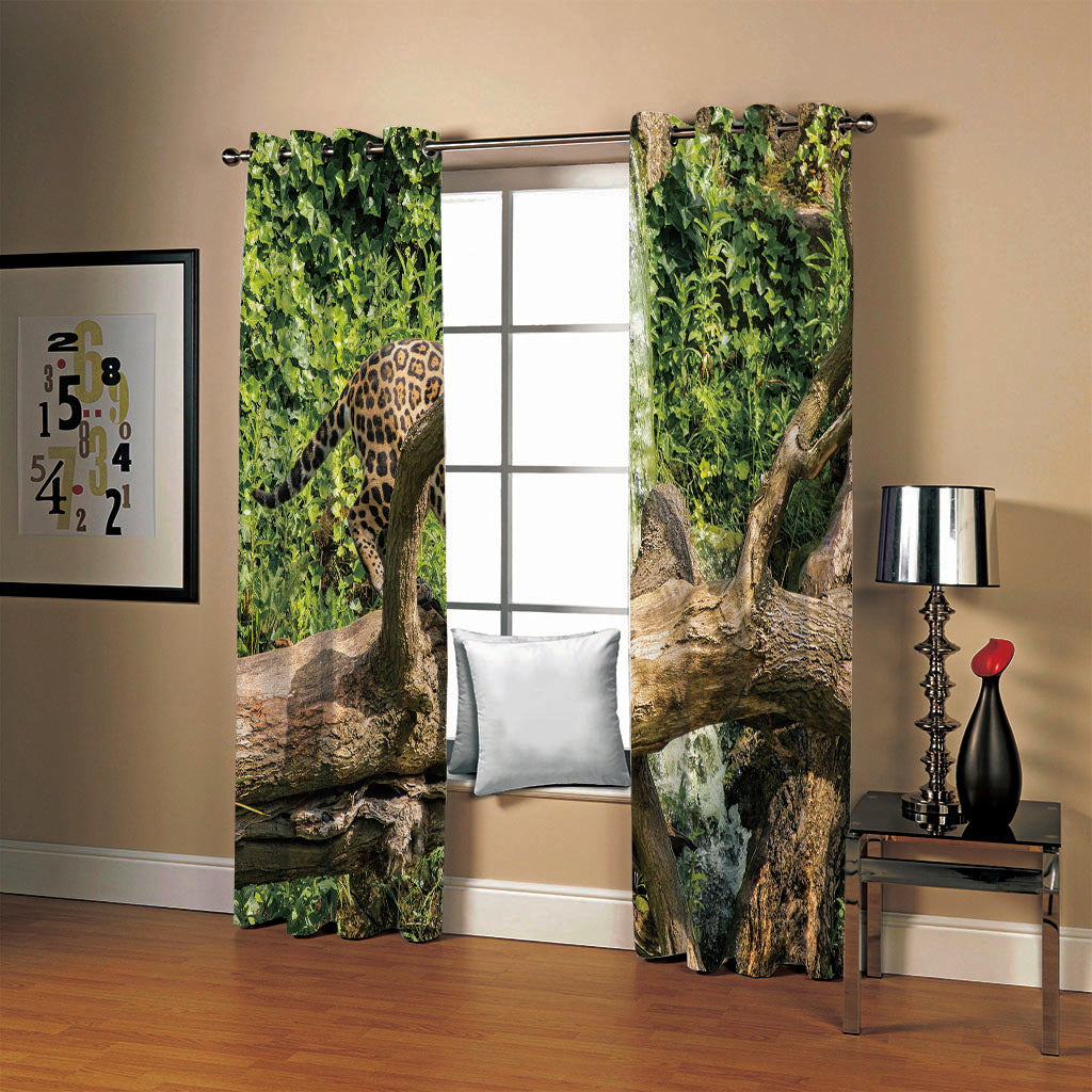 Modern Blackout Custom Living Room 3D Animal Print Curtains Thick Polyester to Provide Privacy with A Leopard on the Branch Waterfall Design to Provide Decorative Appeal