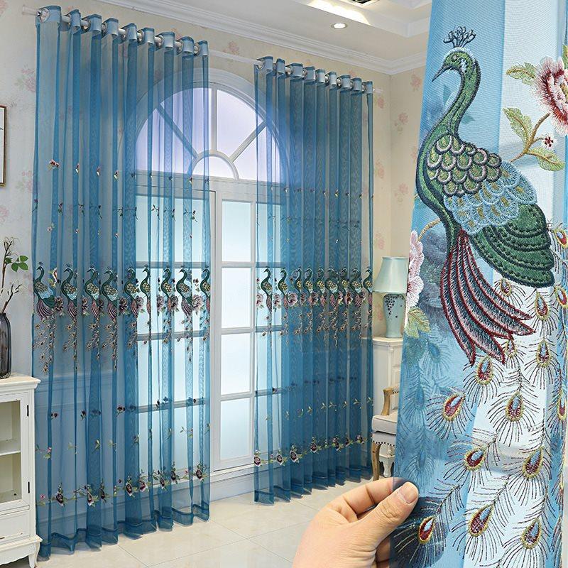 Peacock Embroidery Tulle Blue Elegant Sheer Curtains for Living Room Bedroom Decoration Custom 2 Panels Breathable Voile Drapes