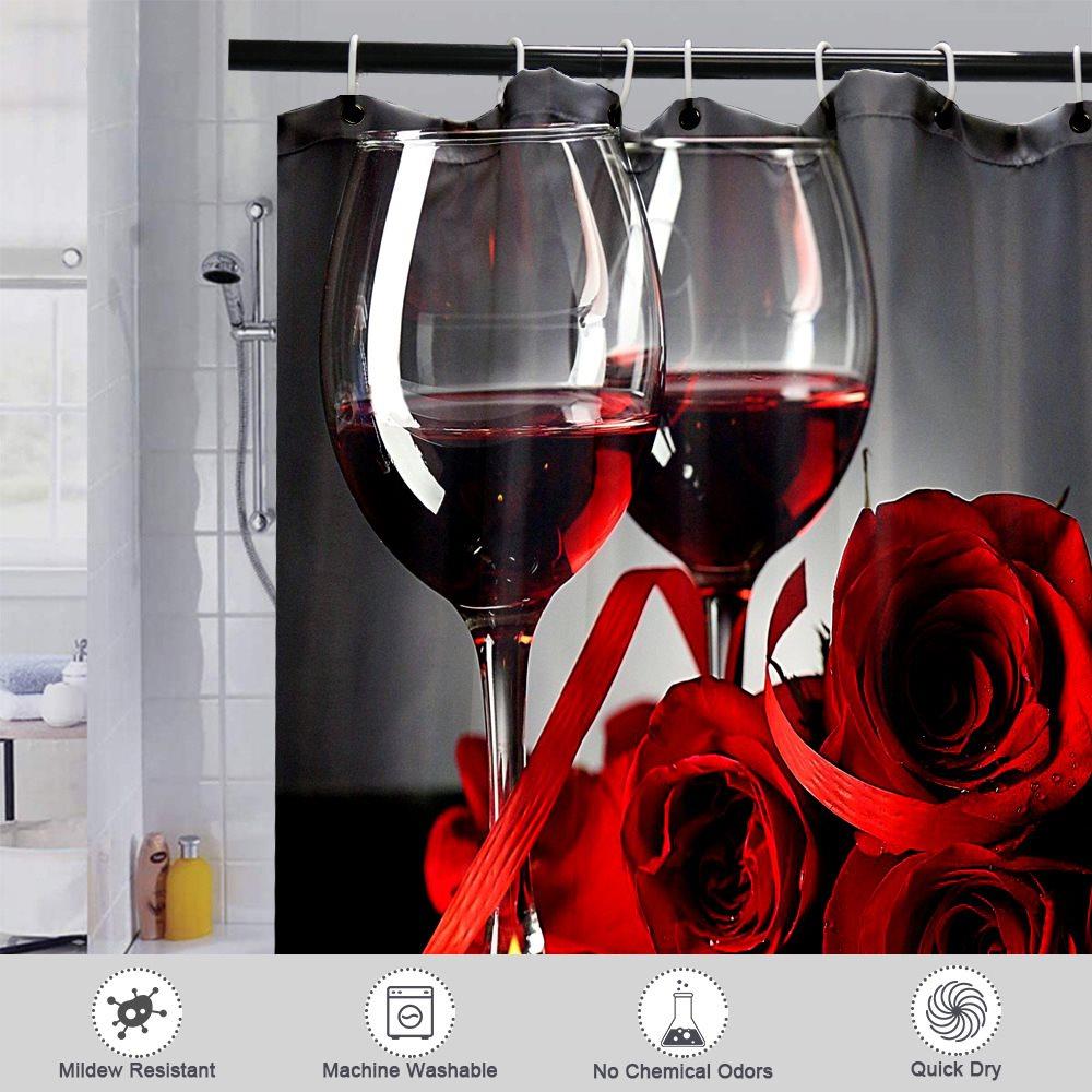 3D Shower Curtain Red Wine Cup and rose Bathroom Partition Curtain Set Durable Waterproof Mildew Proof Polyester