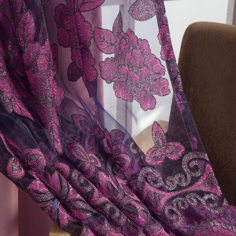 Double Floral Embroidered Curtain Sets Lily Purple Sheer and Lining Blackout Curtains for Living Room Bedroom Window Decoration