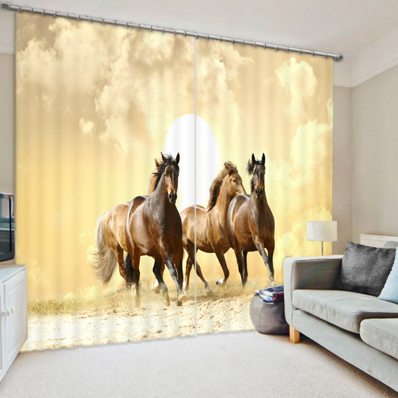 Three Brown Running Horses Polyester Animal Scenery 2 Panels 3D Shading Curtain