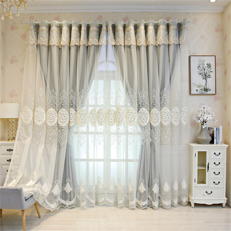 Floral Embroidery Window Curtain Set European Double Curtain Sheer and Lining Blackout Curtains for Living Room Bedroom 2 Panels Drapes Decoration