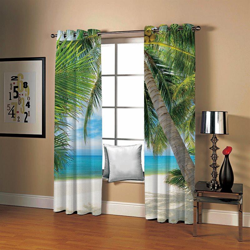 3D Romantic Holiday Scenery Blackout Curtain with White Beach and Green Coconut Tree