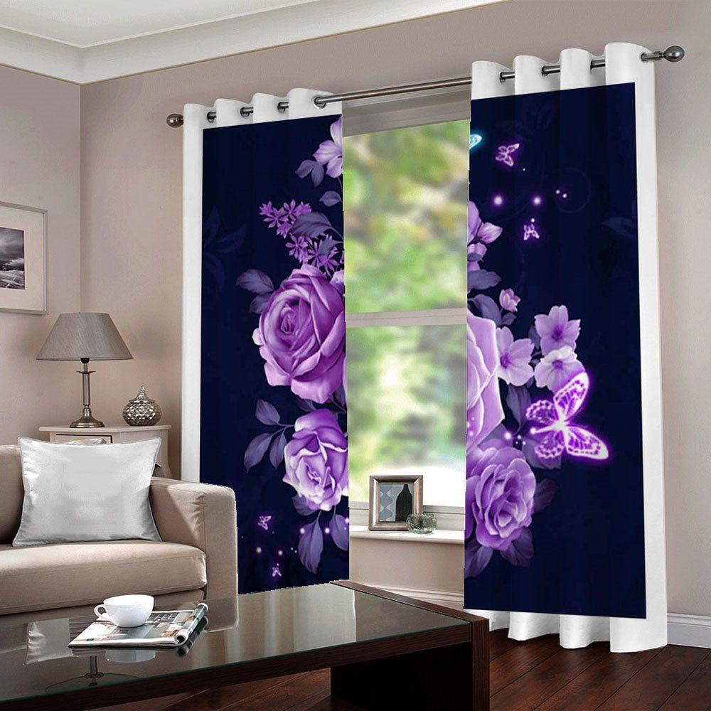 Blackout Decoration 3D Purple Roses Printed Curtain Custom 2 Panels Drapes No Pilling No Fading No off-lining