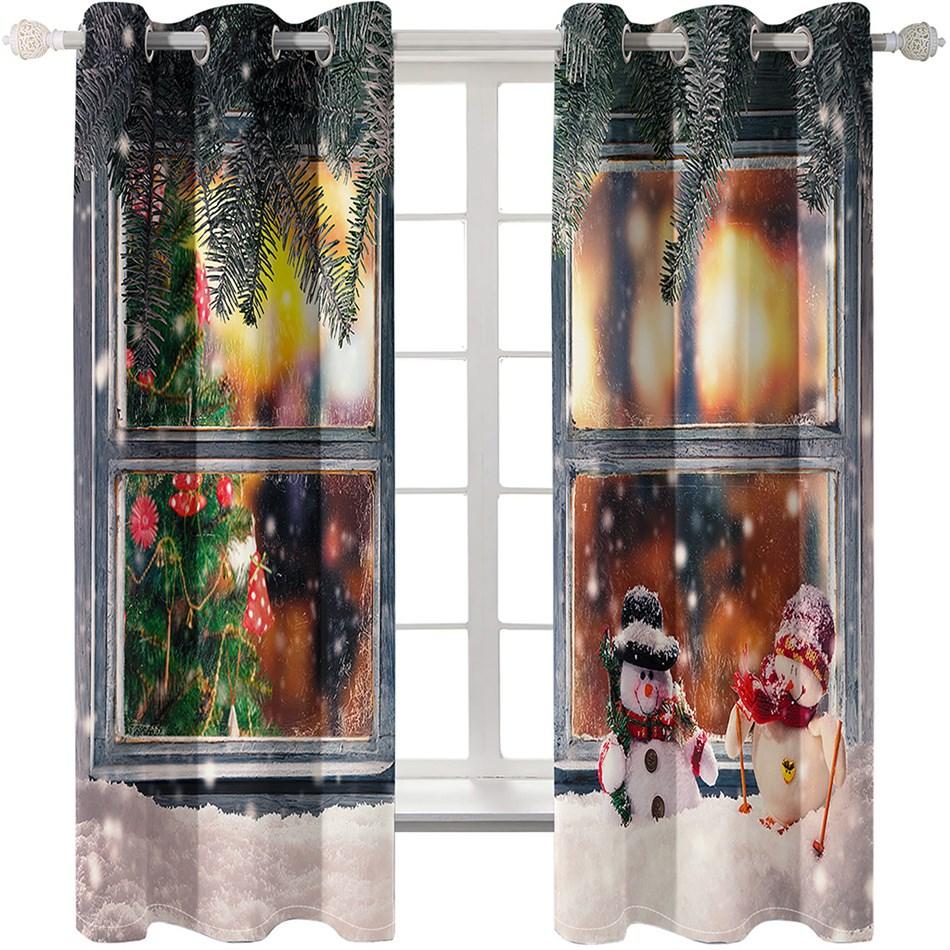 3D Blackout Curtains Christmas Fake Window Snowman Xmas Print Curtains for Living Room Bedroom Window Drapes 2 Panel Set