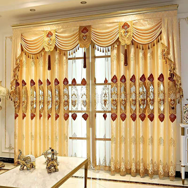 Luxury Window Curtains Floral Embroidery Hollowed-out Blackout Curtains and Sheer for Living Room Custom 2 Panels Gold Drapes