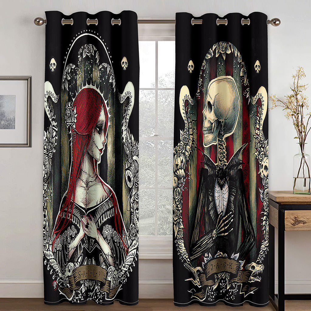 Halloween Skull Couples 3D Printed Blackout Decoration Window Shading Curtains Custom 2 Panels Drapes