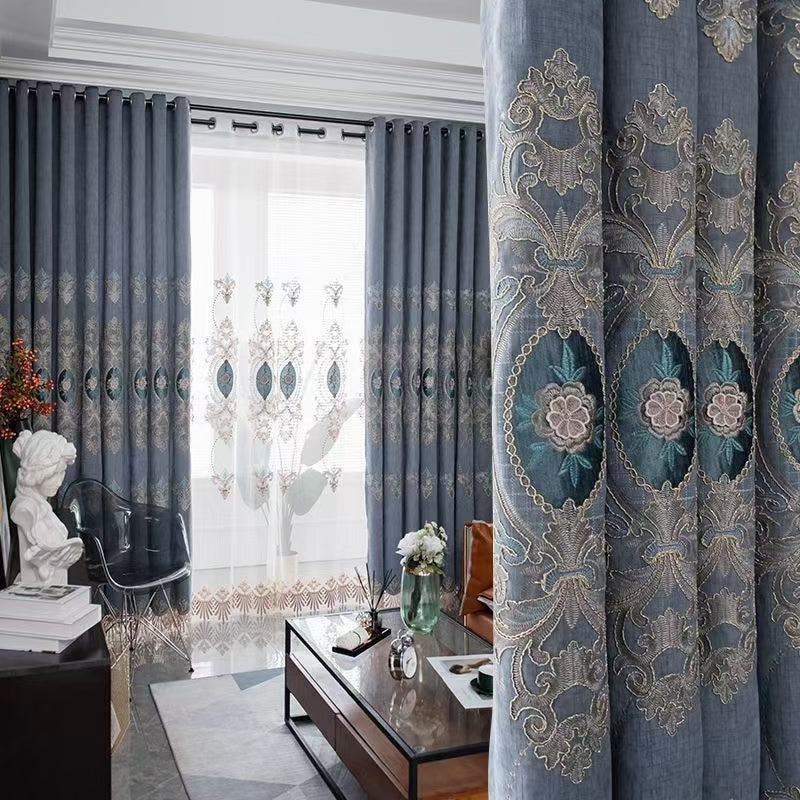 Embroidery Blackout Curtain Chenille Gray High Shading Rate Window Curtains Noble and Elegant Shading Curtains and Sheer for Living Room Bedroom Custom 2 Panels Drapes