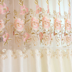 Blackout Curtain Beige Chenille Shading Curtain Embroidered Pink Peach Flowers Romantic and Elegant Organza Sheer Living Bedroom Window Drapes