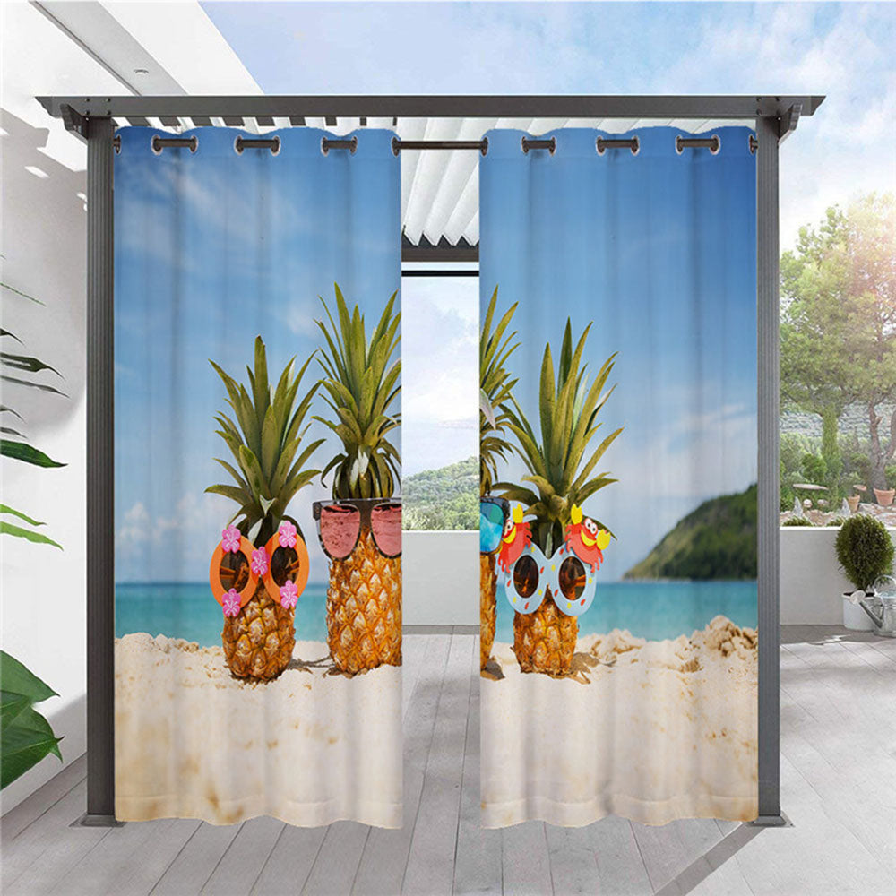 Modern Blue Outdoor Curtains Creative Pineapple 3D Sea Scenery Cabana Grommet Top Curtain Waterproof Sun-proof Heat-insulating 2 Panels