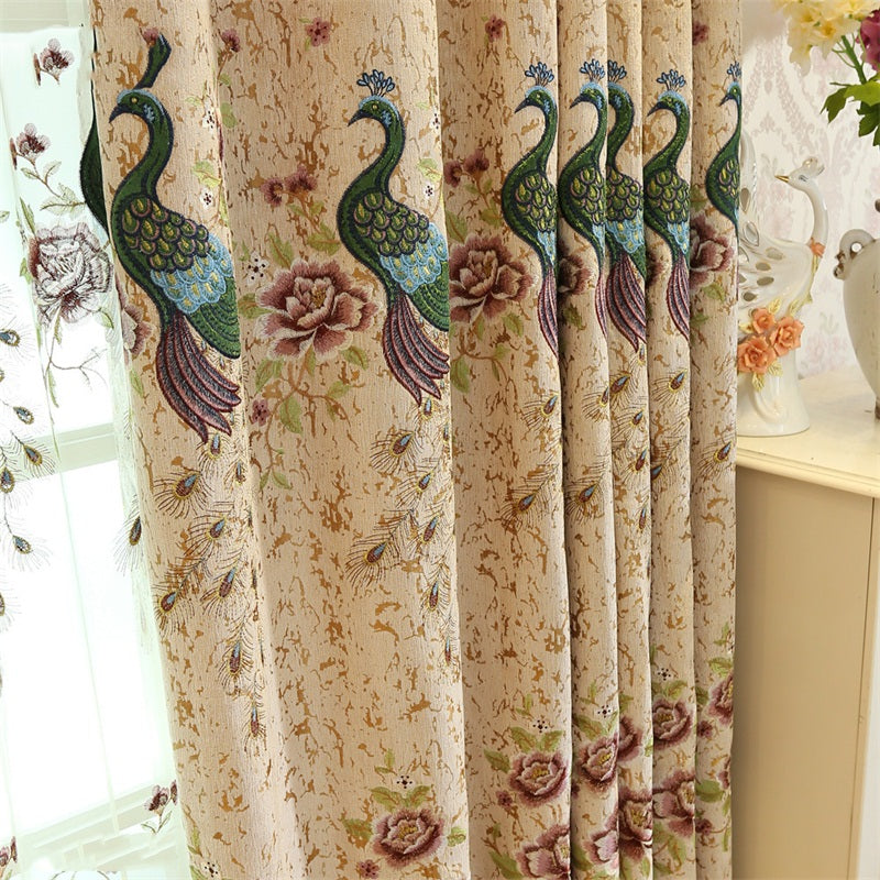 Elegant and Modern Embroidered Peacocks 2 Panels Shading Curtain Sheer  Living Room Bedroom Grommet Top Curtain