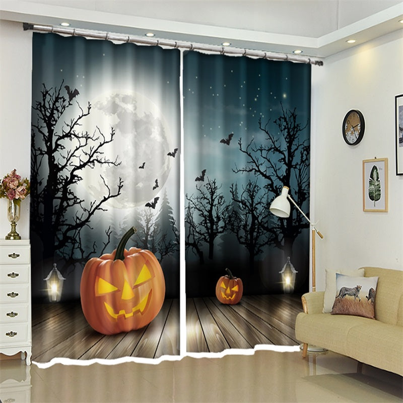 3D Polyester Moonshine And Pumpkin Halloween Scene Curtain for Kids Room/Living Room